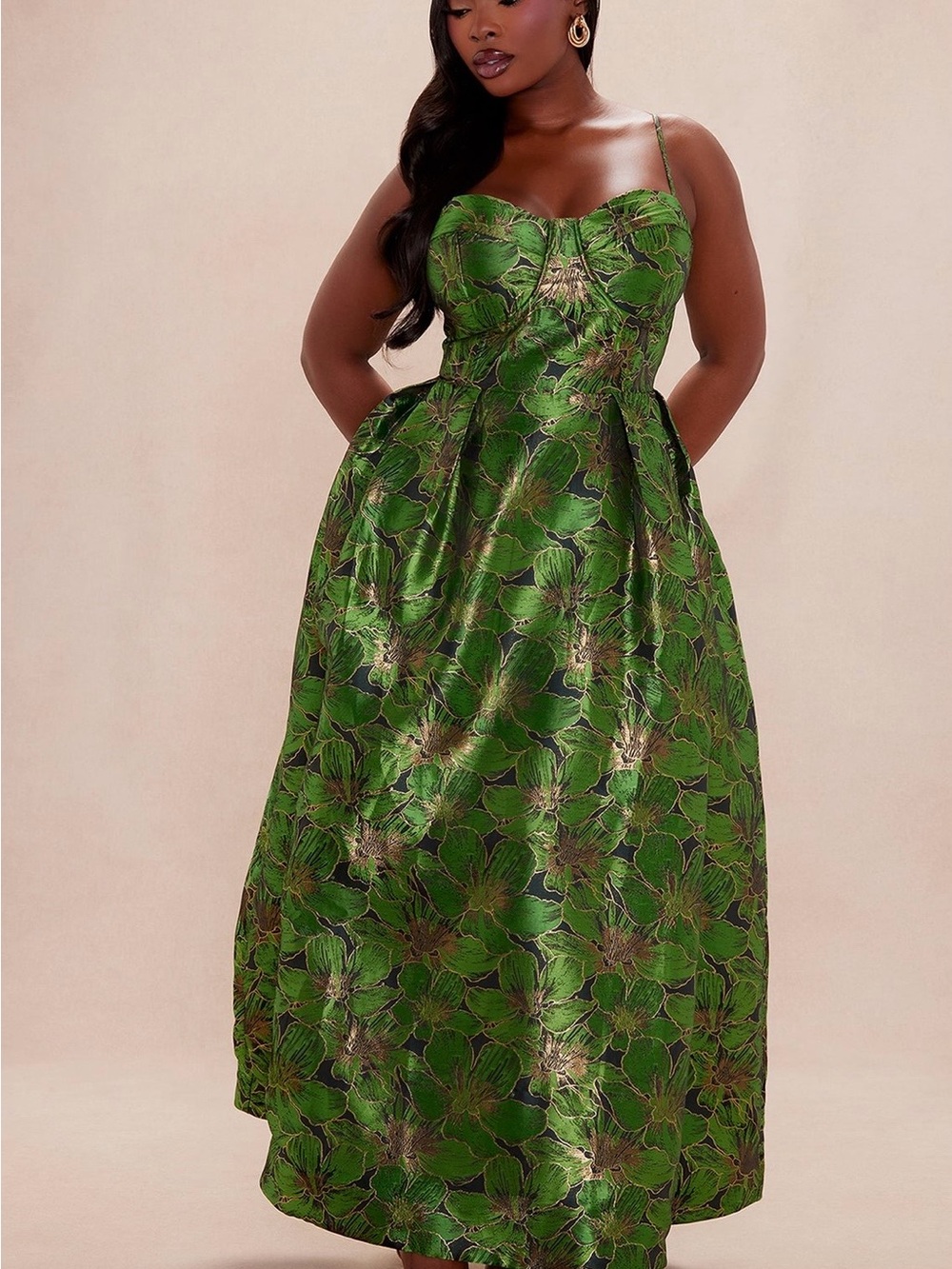 Fashion Nova Green Floral Brocade Midi Dress with Gold Accents